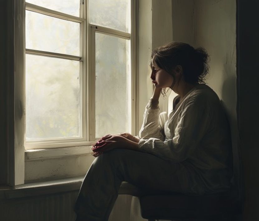 Person in early recovery sitting near a window looking reflective and thoughtful